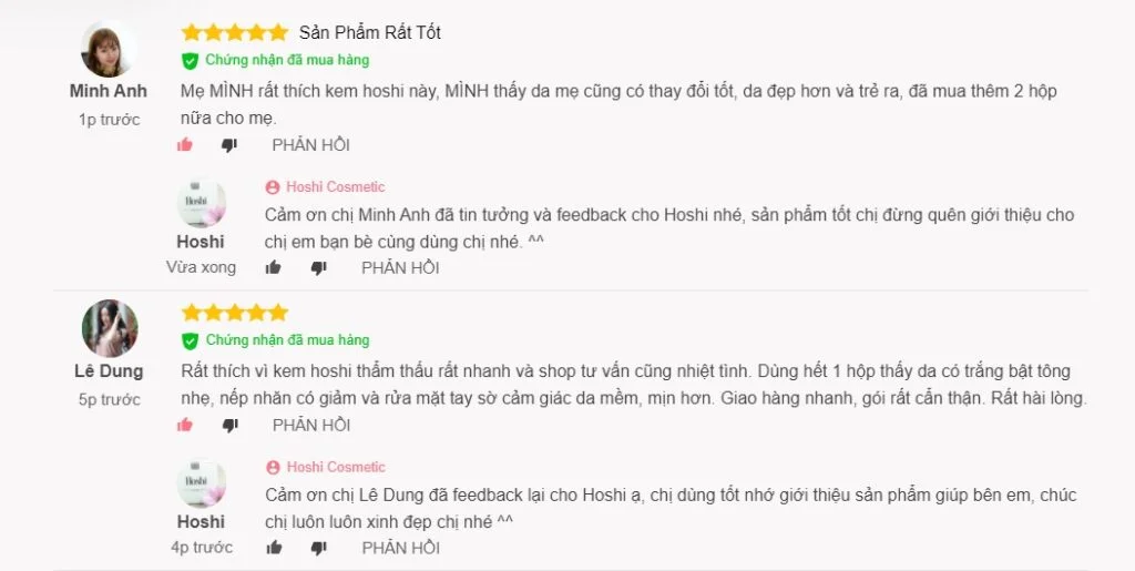 Đánh giá của khách hàng khi dùng kem Hoshi của Nhật